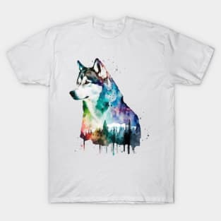 Rainbow Forest Siberian Husky Watercolor Art T-Shirt